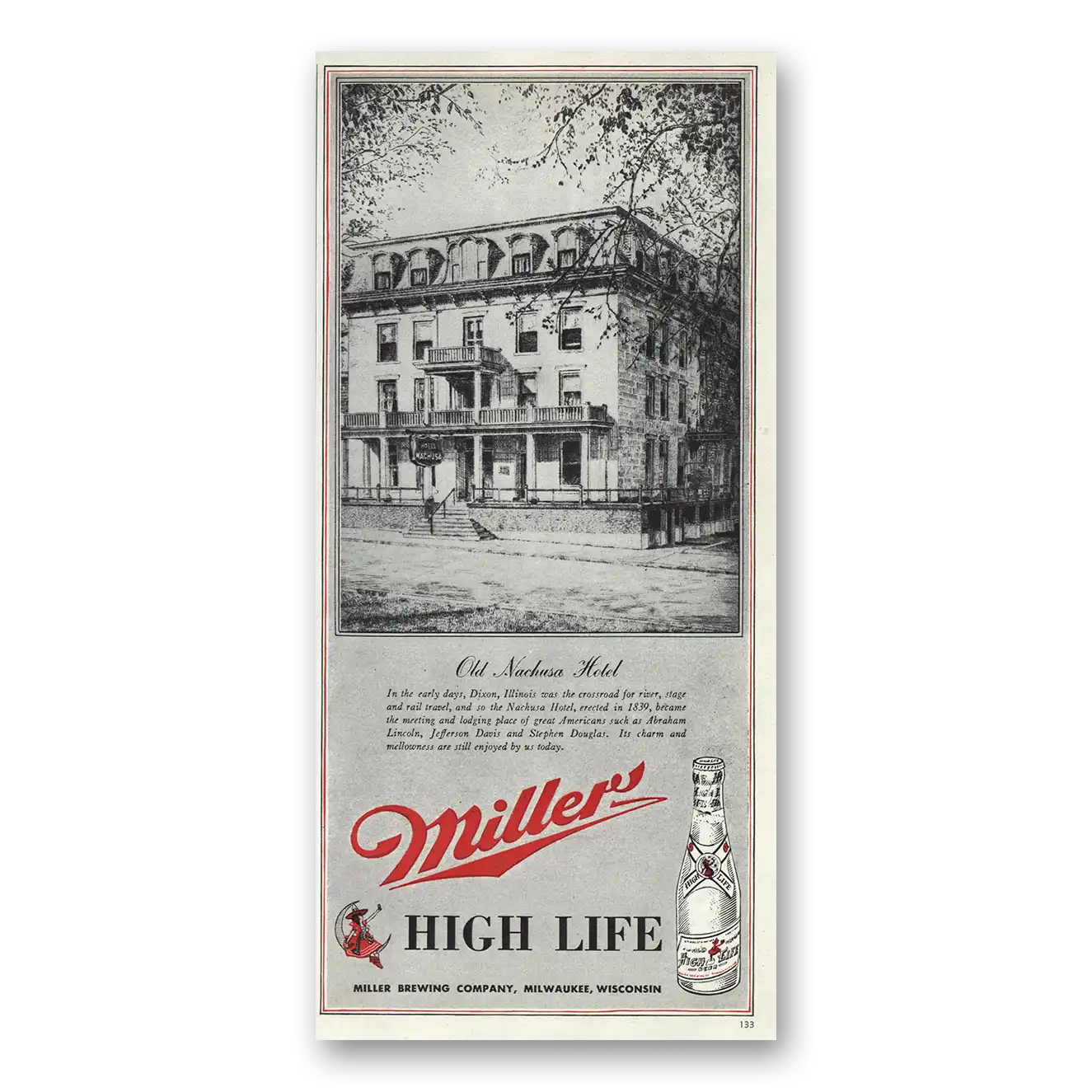 1945 Miller Beer Old Nachusa Hotel Dixon Illinois Vintage Magazine Print Ad