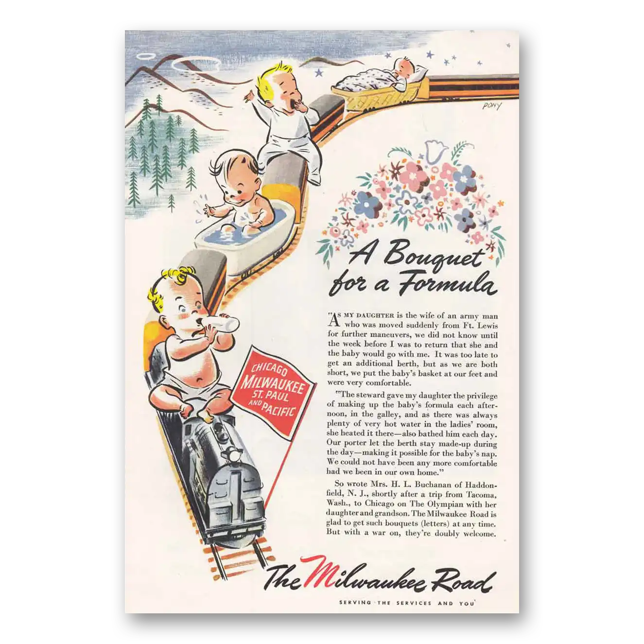 1945 Milwaukee Road Bouquet for a Formula Vintage Magazine Print Ad