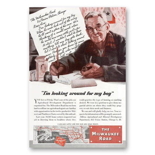 1945 Milwaukee Road Looking Around for My Boy Vintage Magazine Print Ad