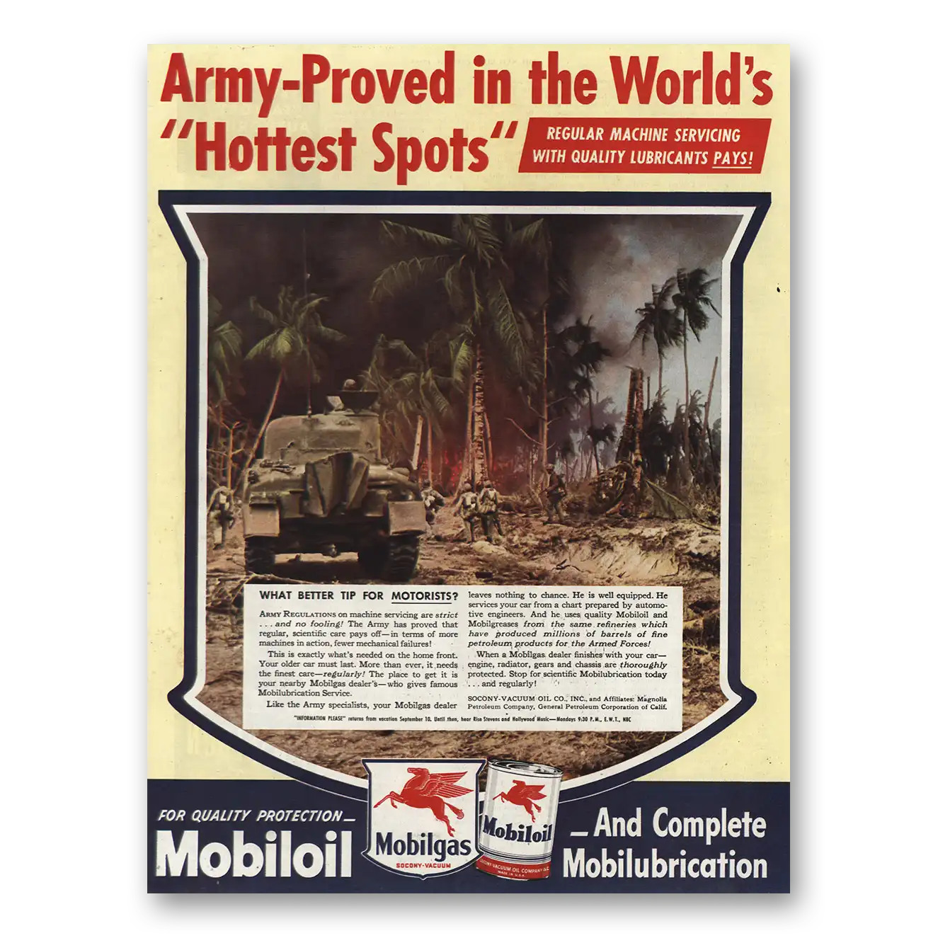 1945 Mobiloil Army Proved Hottest Spots Vintage Magazine Print Ad