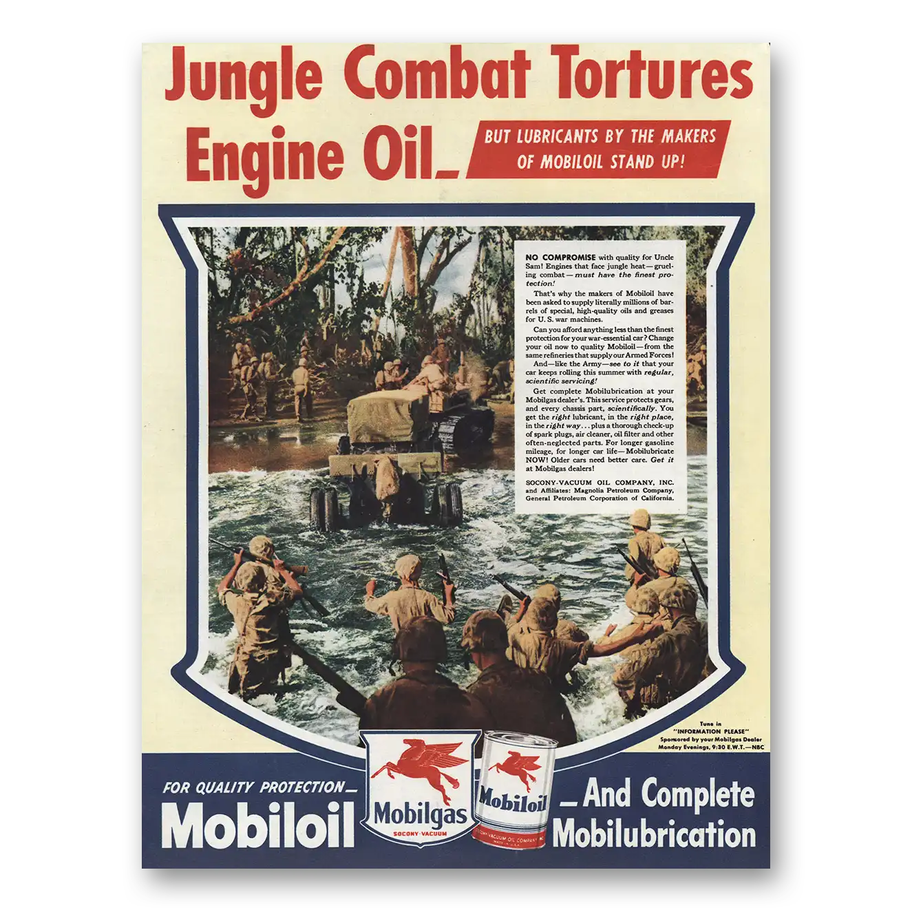 1945 Mobiloil Jungle Combat Tortures Engine Oil Vintage Magazine Print Ad