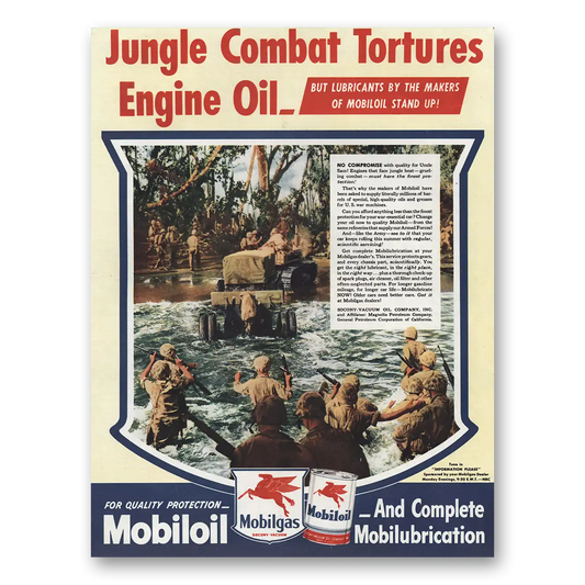 1945 Mobiloil Jungle Combat Tortures Engine Oil Vintage Magazine Print Ad