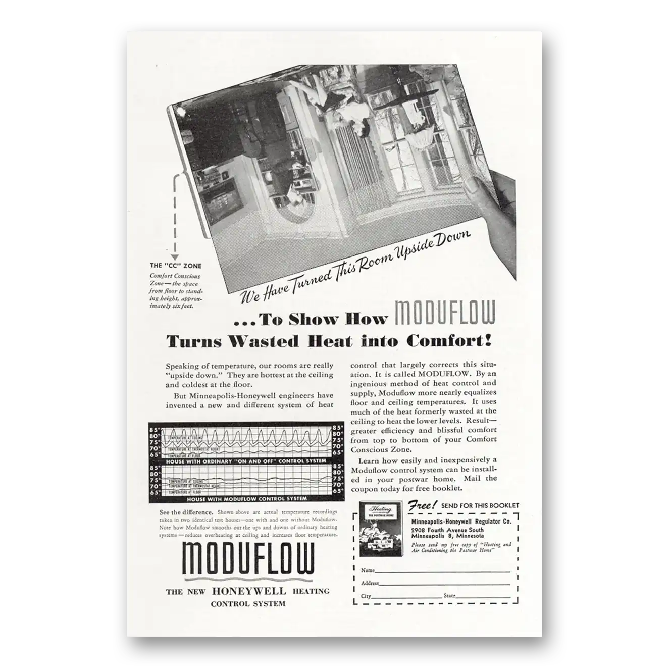 1945 Moduflow We Have Turned This Room Upside Down Vintage Magazine Print Ad