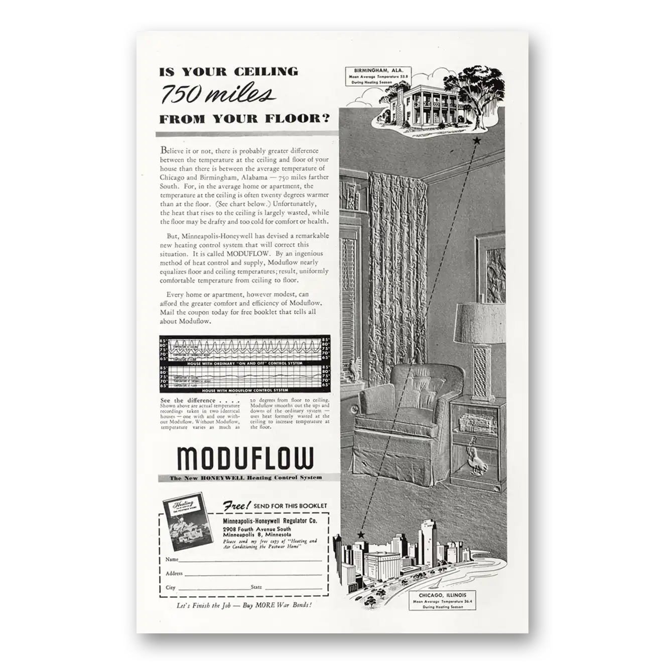 1945 Moduflow Your Ceiling 750 Miles From Your Floor Vintage Magazine Print Ad