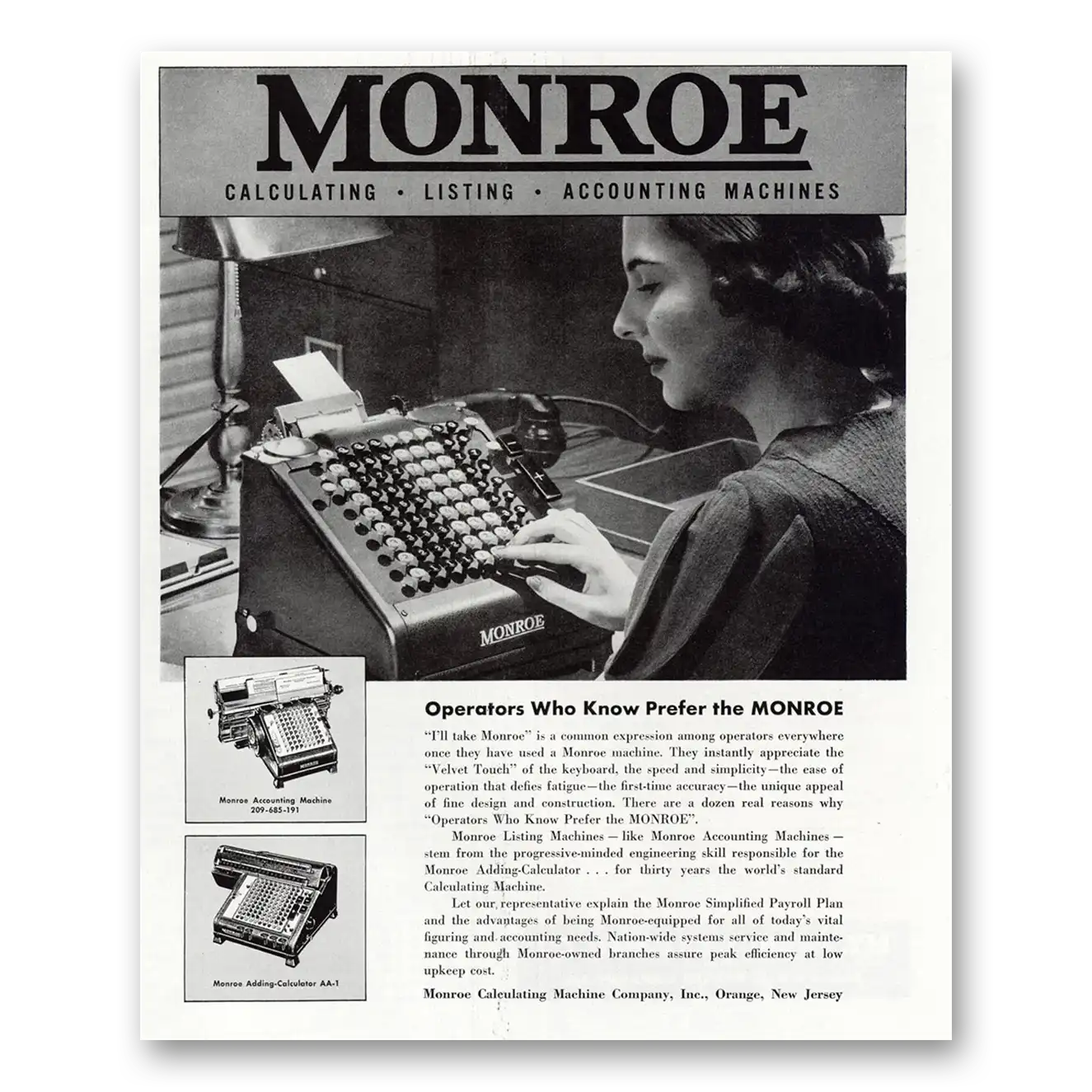 1945 Monroe Calculating Machines Operators Who Know Prefer Vintage Magazine Print Ad