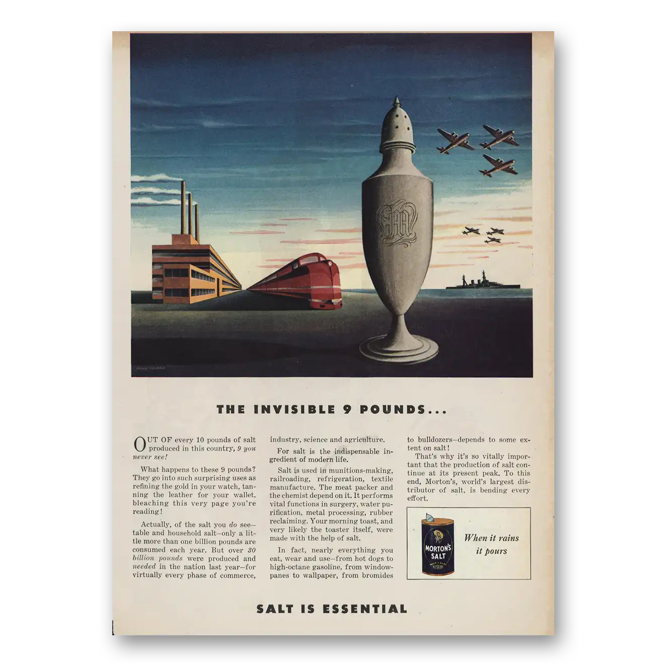 1945 Morton Salt Invisible 9 Pounds Vintage Magazine Print Ad