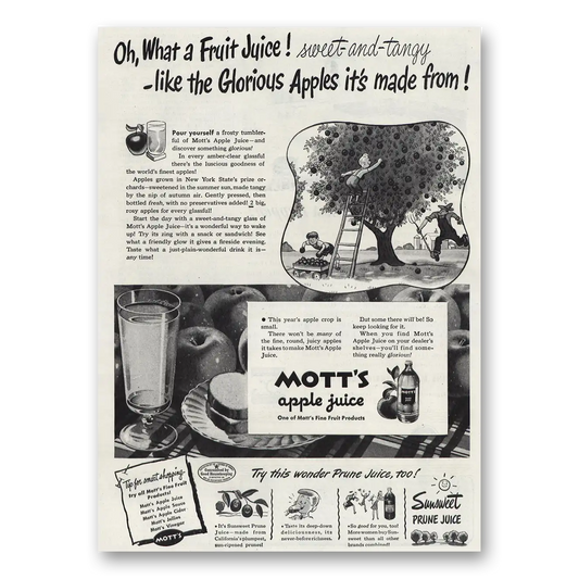 1945 Motts Apple Juice Sweet and Tangy Vintage Magazine Print Ad