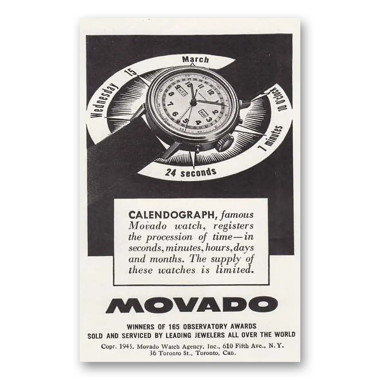 1945 Movado Watch Calendograph Precision of Time Vintage Magazine Print Ad