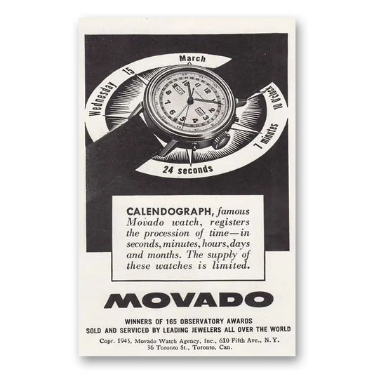 1945 Movado Watch Calendograph Precision of Time Vintage Magazine Print Ad