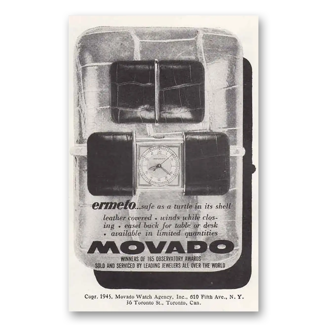 1945 Movado Watch Ermeto Safe As a Turtle In Its Shell Vintage Magazine Print Ad