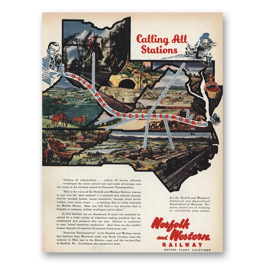 1945 Norfolk and Western Railway Calling All Stations Vintage Magazine Print Ad