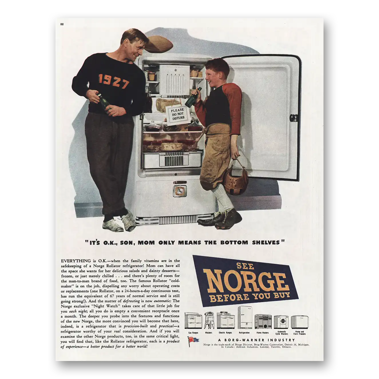 1945 Norge Refrigerator Mom Only Means Botton Shelves Vintage Magazine Print Ad