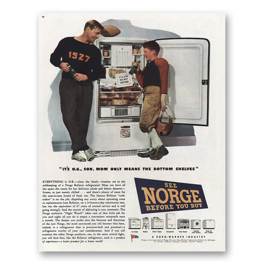 1945 Norge Refrigerator Mom Only Means Botton Shelves Vintage Magazine Print Ad