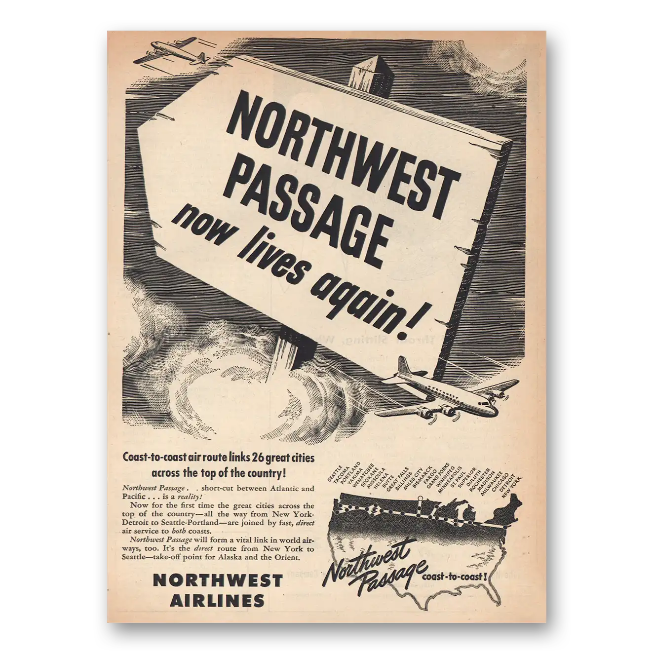 1945 Northwest Airlines Northwest Passage Lives Again Vintage Magazine Print Ad