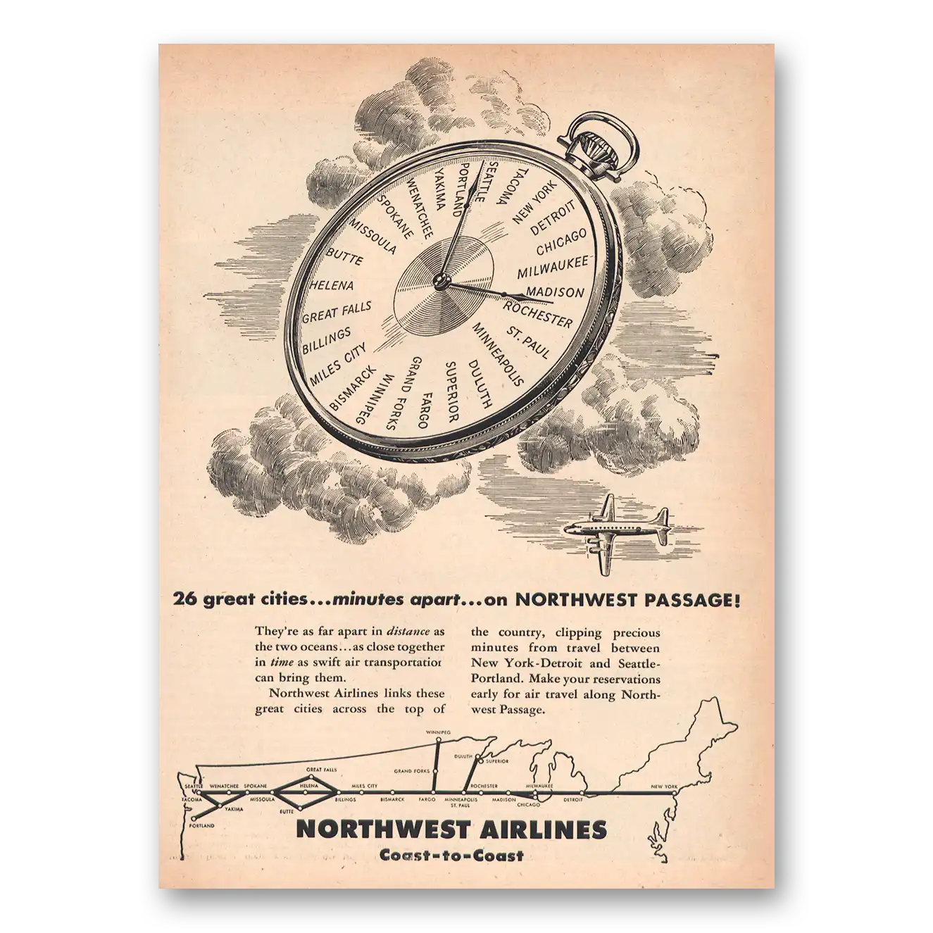 1945 Northwest Airlines Great Cities Minutes Apart Vintage Magazine Print Ad