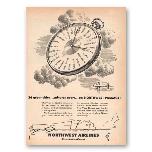 1945 Northwest Airlines Great Cities Minutes Apart Vintage Magazine Print Ad