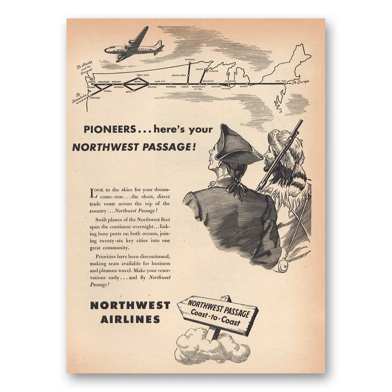 1945 Northwest Airlines Pioneers Northwest Passage Vintage Magazine Print Ad