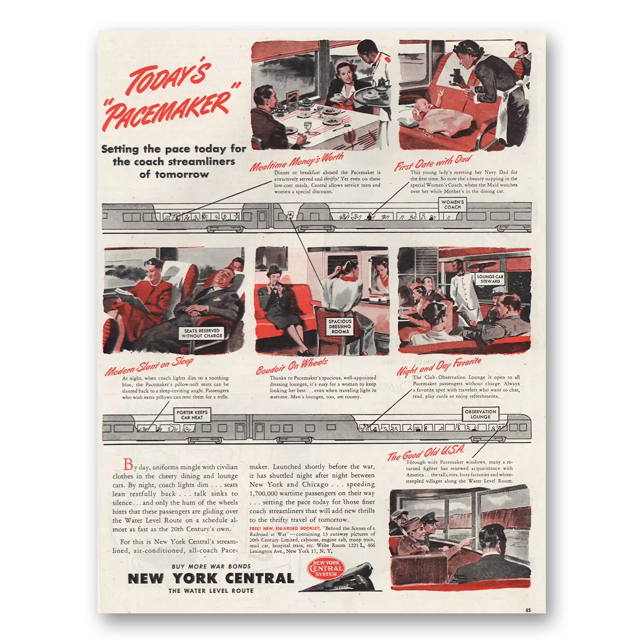 1945 New York Central Todays Pacemaker Vintage Magazine Print Ad