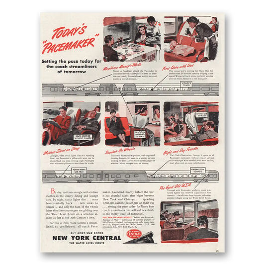 1945 New York Central Todays Pacemaker Vintage Magazine Print Ad