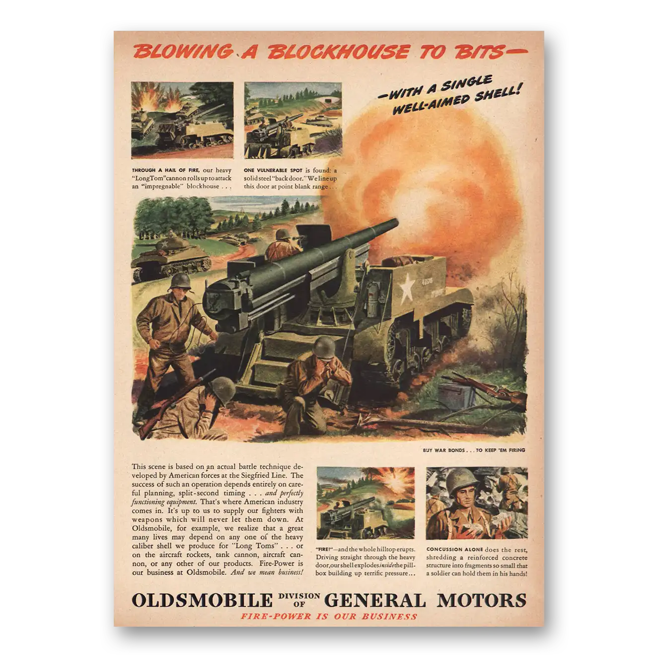 1945 Oldsmobile Blowing a Blockhouse to Bits Vintage Magazine Print Ad