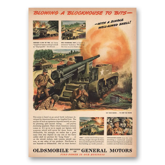 1945 Oldsmobile Blowing a Blockhouse to Bits Vintage Magazine Print Ad