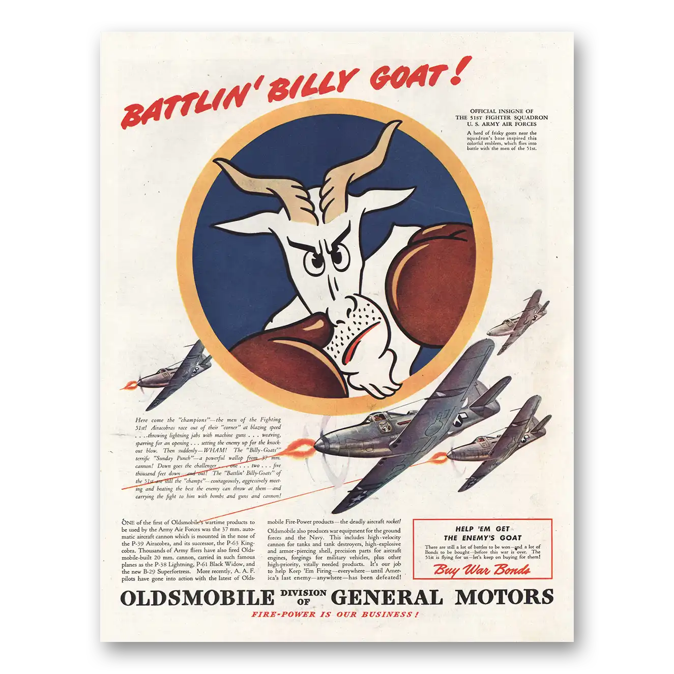 1945 Oldsmobile Battlin Billy Goat Vintage Magazine Print Ad