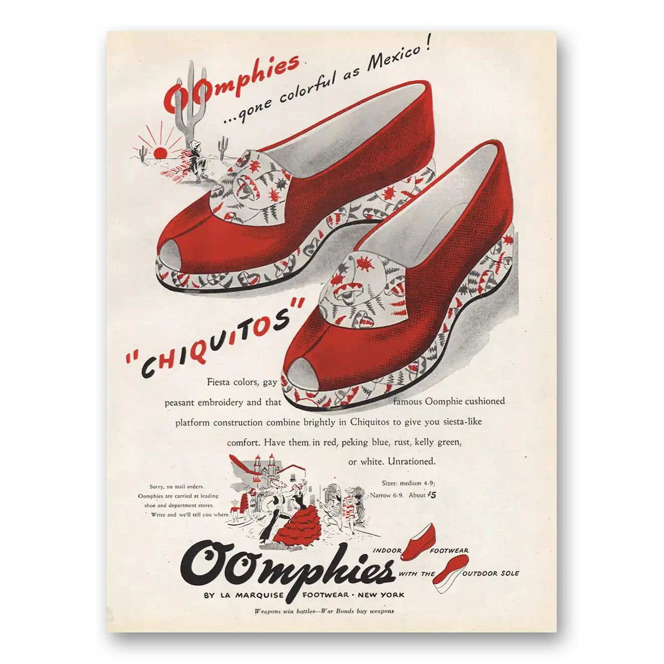 1945 La Marquise Footwear Oomphies Shoes Colorful as Mexico Chiquitos Vintage Magazine Print Ad