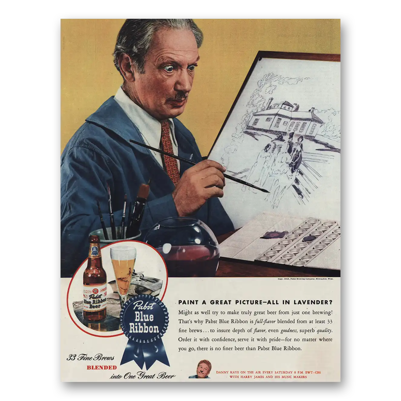 1945 Pabst Blue Ribbon Beer Paint a Great Picture Lavender Vintage Magazine Print Ad