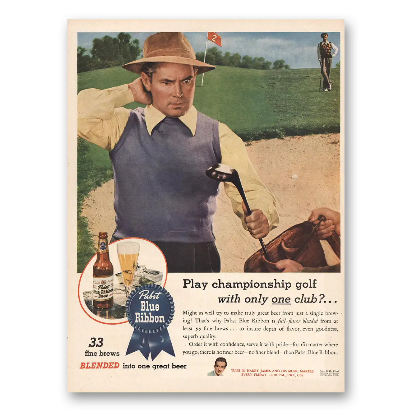 1945 Pabst Blue Ribbon Beer Play Championship Golf Vintage Magazine Print Ad