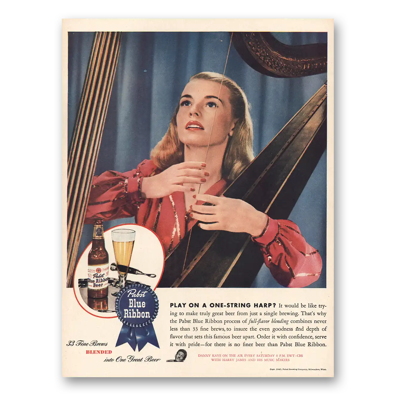 1945 Pabst Blue Ribbon Beer One String Harp Vintage Magazine Print Ad