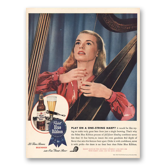 1945 Pabst Blue Ribbon Beer One String Harp Vintage Magazine Print Ad