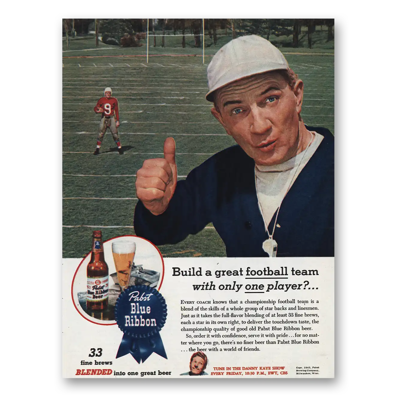 1945 Pabst Blue Ribbon Beer Build Great Football Team Vintage Magazine Print Ad