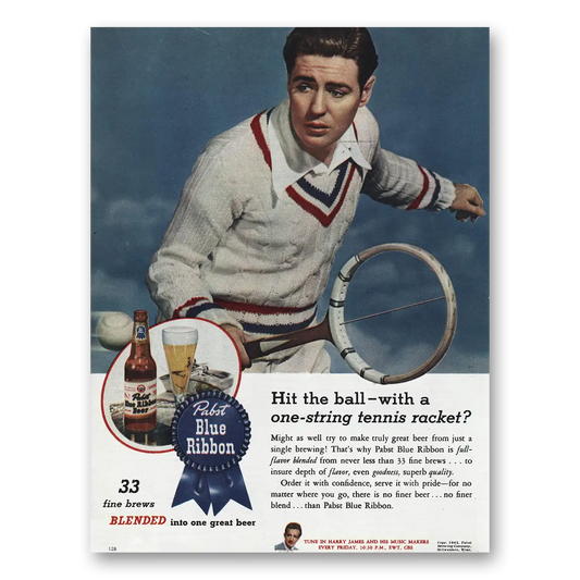 1945 Pabst Blue Ribbon Beer One String Tennis Racket Vintage Magazine Print Ad