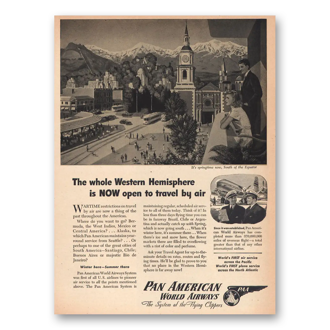 1945 Pan Am Western Hemisphere Now Open Vintage Magazine Print Ad