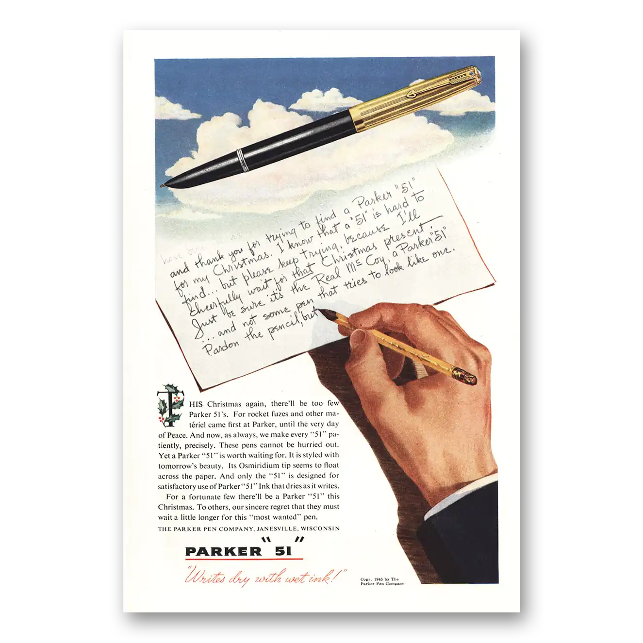 1945 Parker 51 Pen This Christmas Again Too Few Vintage Magazine Print Ad