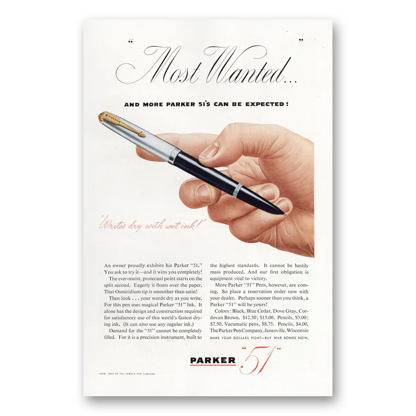 1945 Parker 51 Pen Writes Dry With Wet Ink Vintage Magazine Print Ad