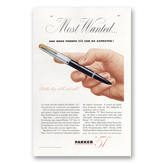 1945 Parker 51 Pen Writes Dry With Wet Ink Vintage Magazine Print Ad