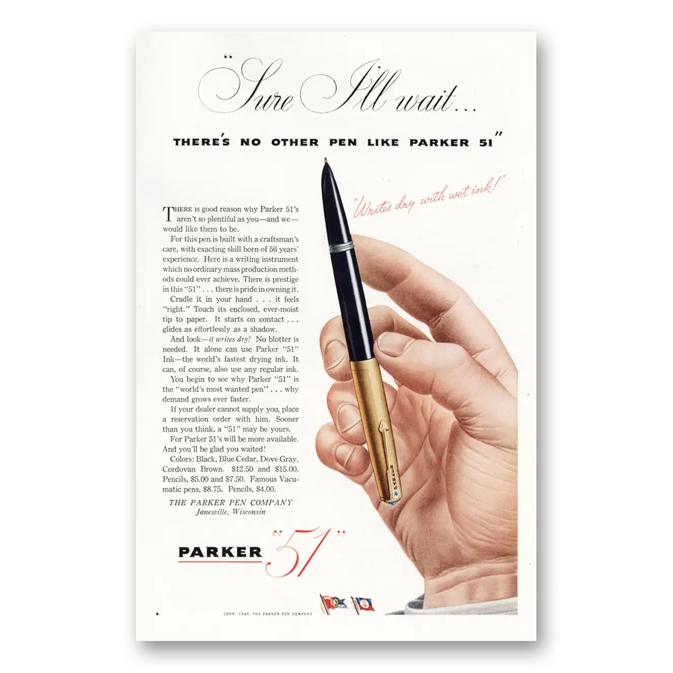 1945 Parker 51 Pen Sure I'll Wait Vintage Magazine Print Ad