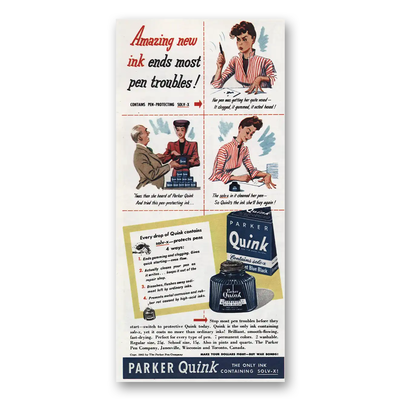 1945 Parker Quink Ink Amazing New Ink Vintage Magazine Print Ad