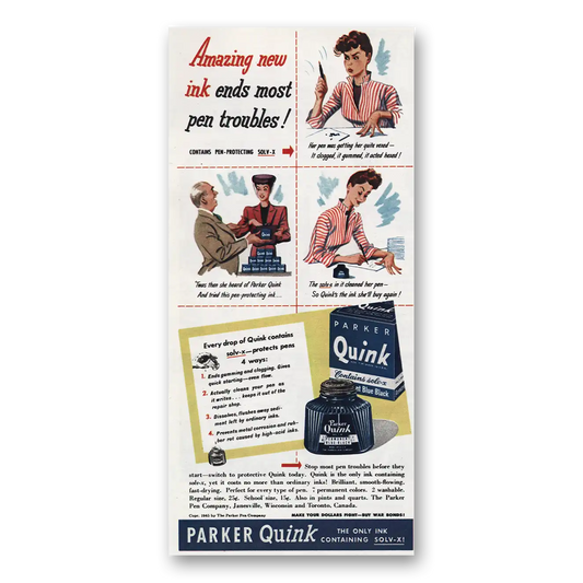 1945 Parker Quink Ink Amazing New Ink Vintage Magazine Print Ad