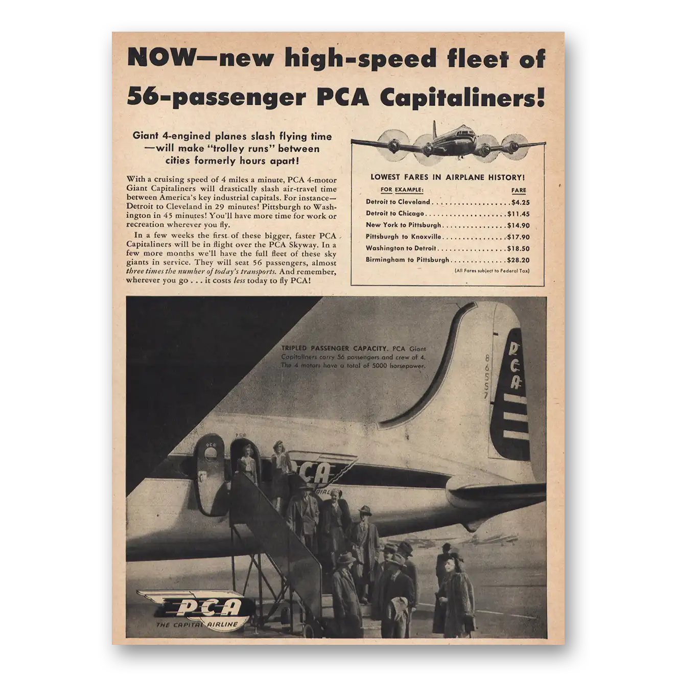 1945 PCA Airlines Capitaliners High Speed Fleet Vintage Magazine Print Ad