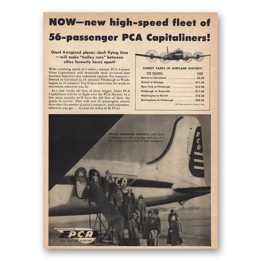 1945 PCA Airlines Capitaliners High Speed Fleet Vintage Magazine Print Ad