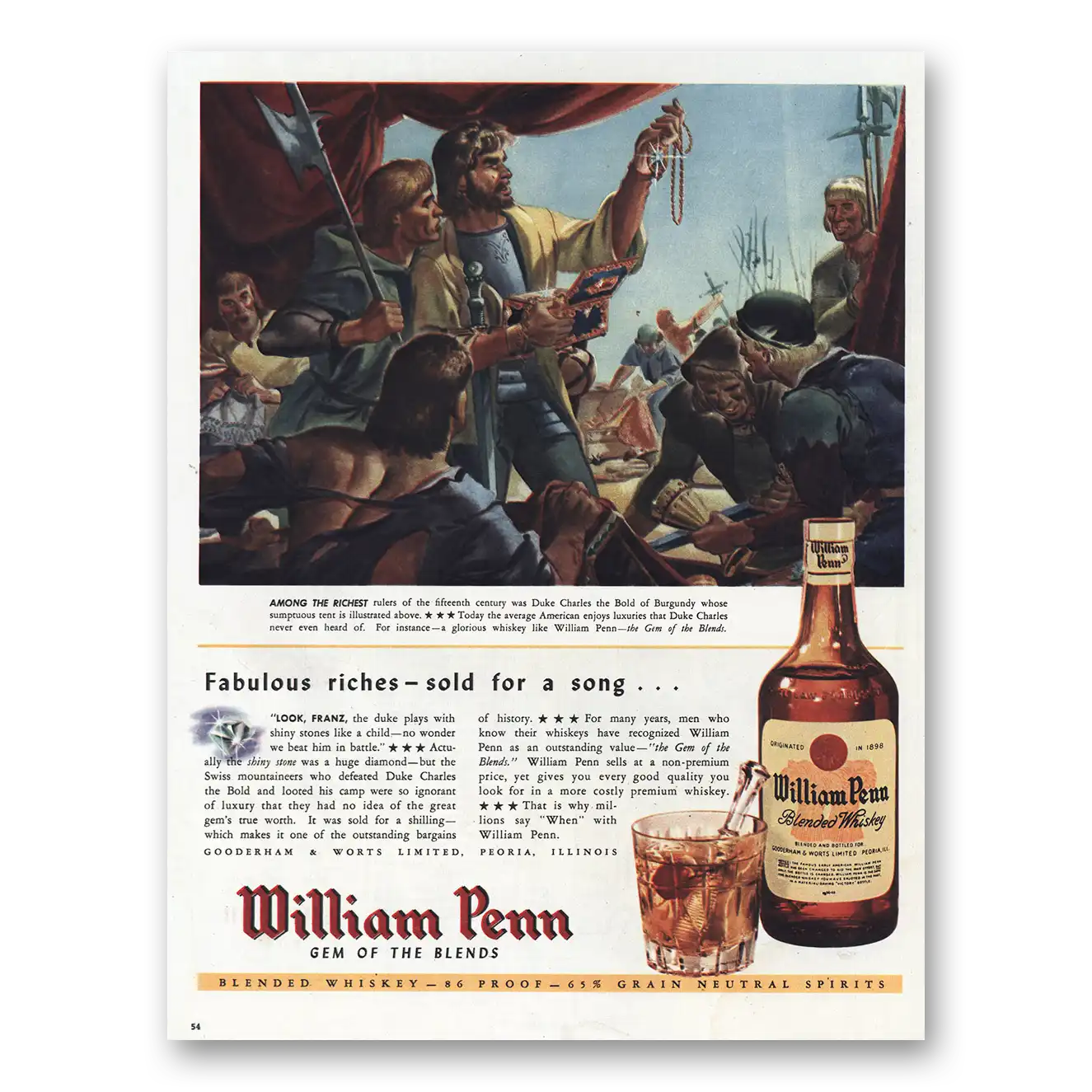 1945 William Penn Whiskey Fabulous Riches Duke Charles Vintage Magazine Print Ad