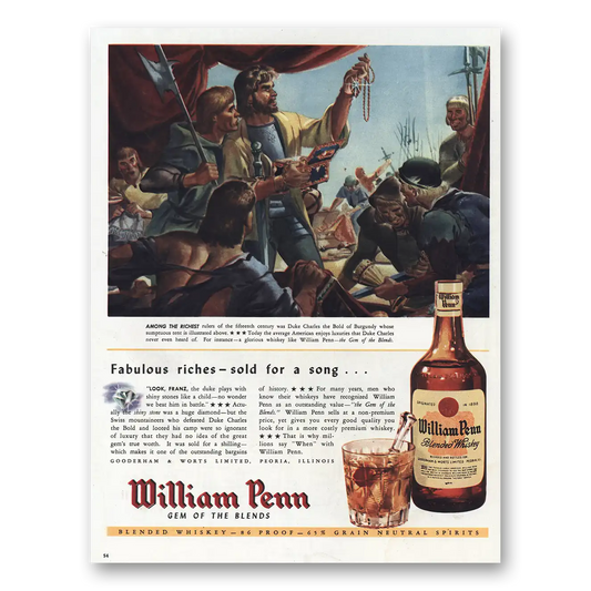 1945 William Penn Whiskey Fabulous Riches Duke Charles Vintage Magazine Print Ad