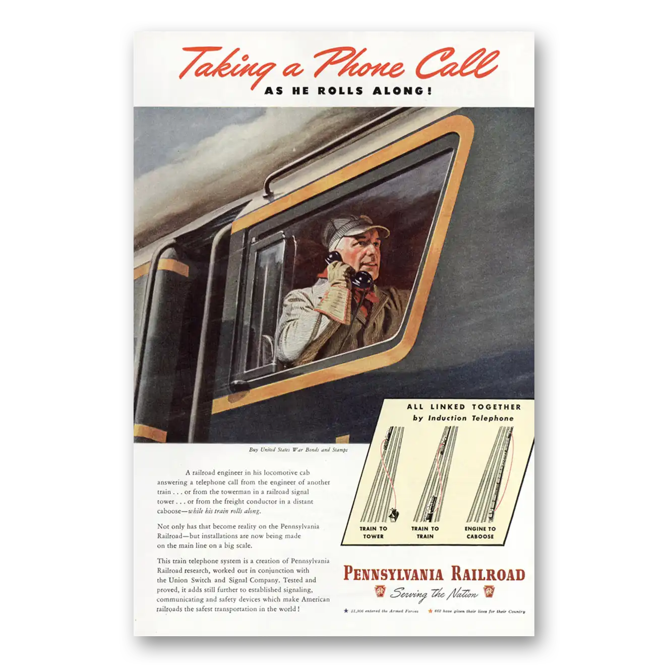 1945 Pennsylvania Railroad Taking a Phone Call as He Rolls Along Vintage Magazine Print Ad