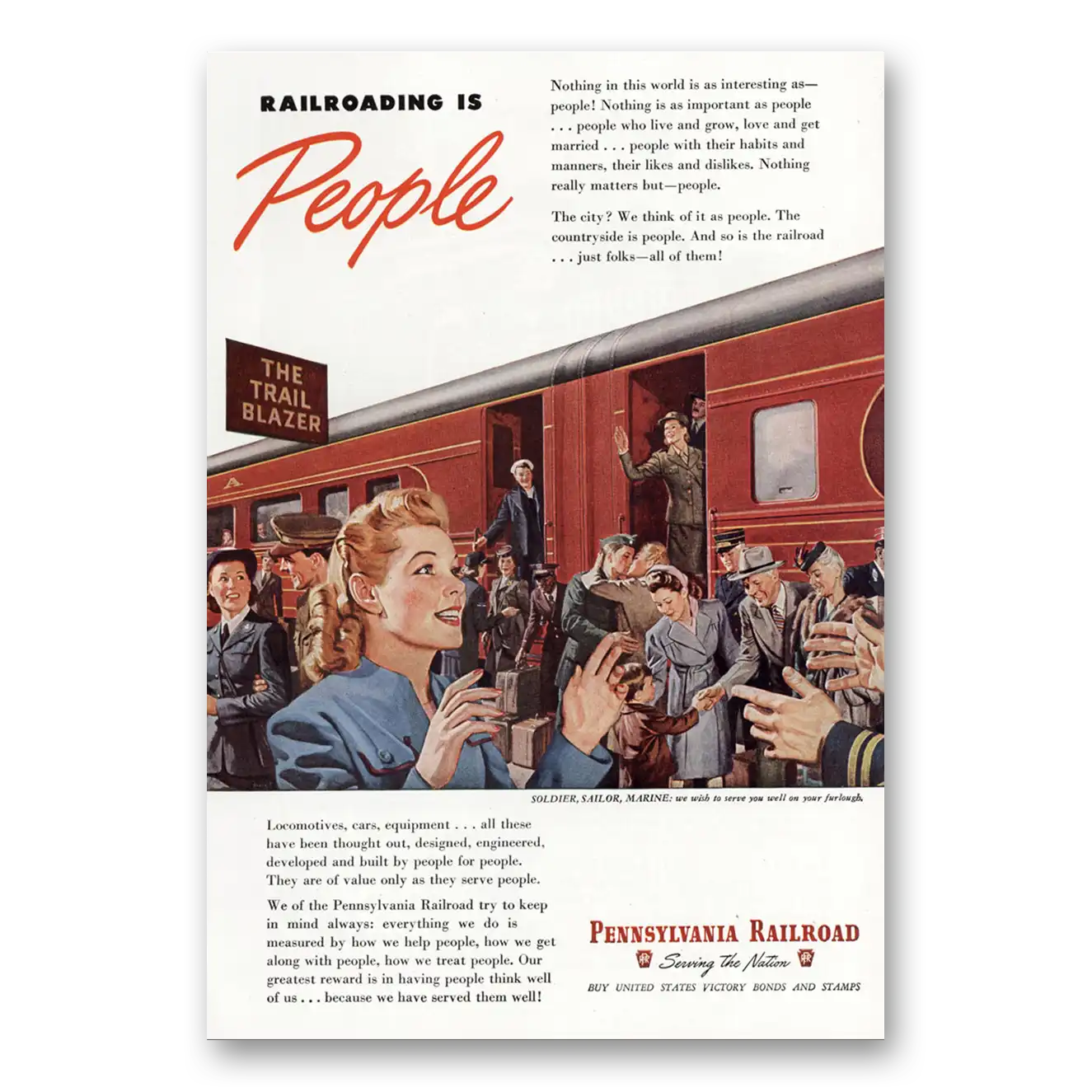 1945 Pennsylvania Railroad Railroading Is People Vintage Magazine Print Ad