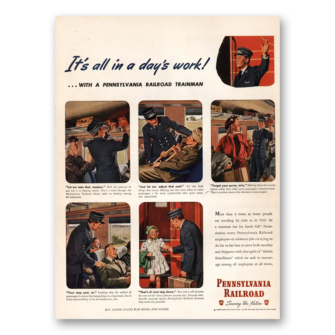 1945 Pennsylvania Railroad All In a Days Work Vintage Magazine Print Ad