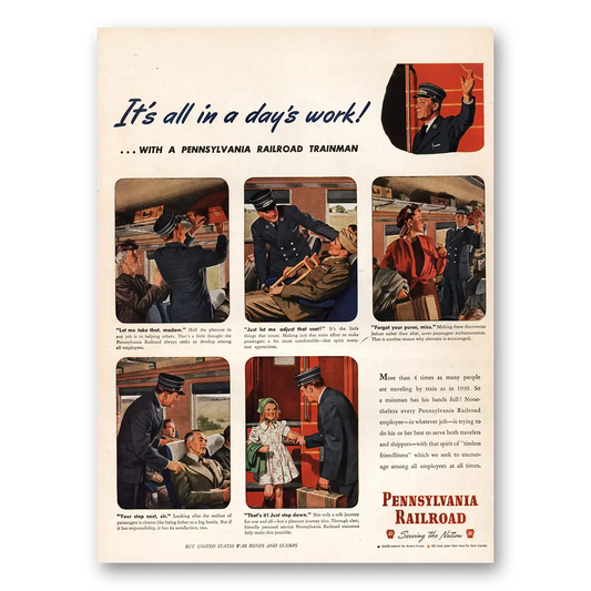 1945 Pennsylvania Railroad All In a Days Work Vintage Magazine Print Ad