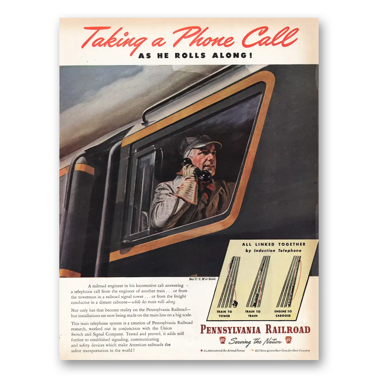 1945 Pennsylvania Railroad Taking Phone Call As He Rolls Along Vintage Magazine Print Ad