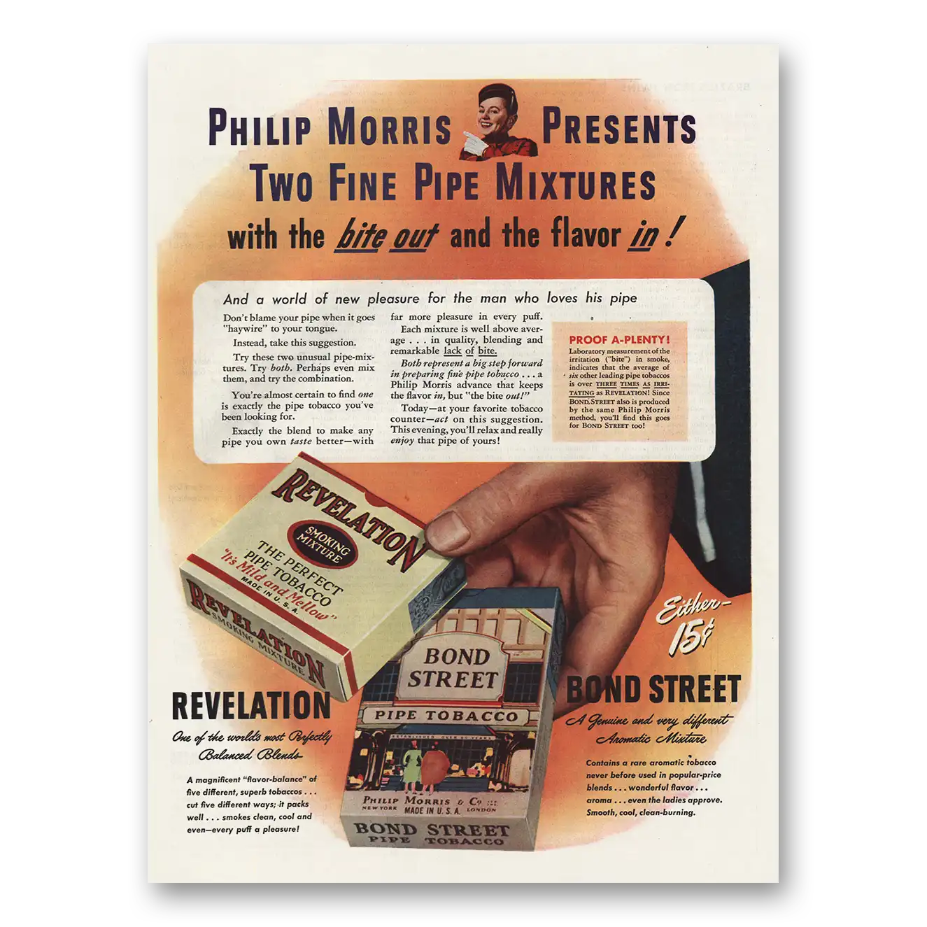 1945 Philip Morris Two Fine Pipe Mixtures Revelation Bond Vintage Magazine Print Ad